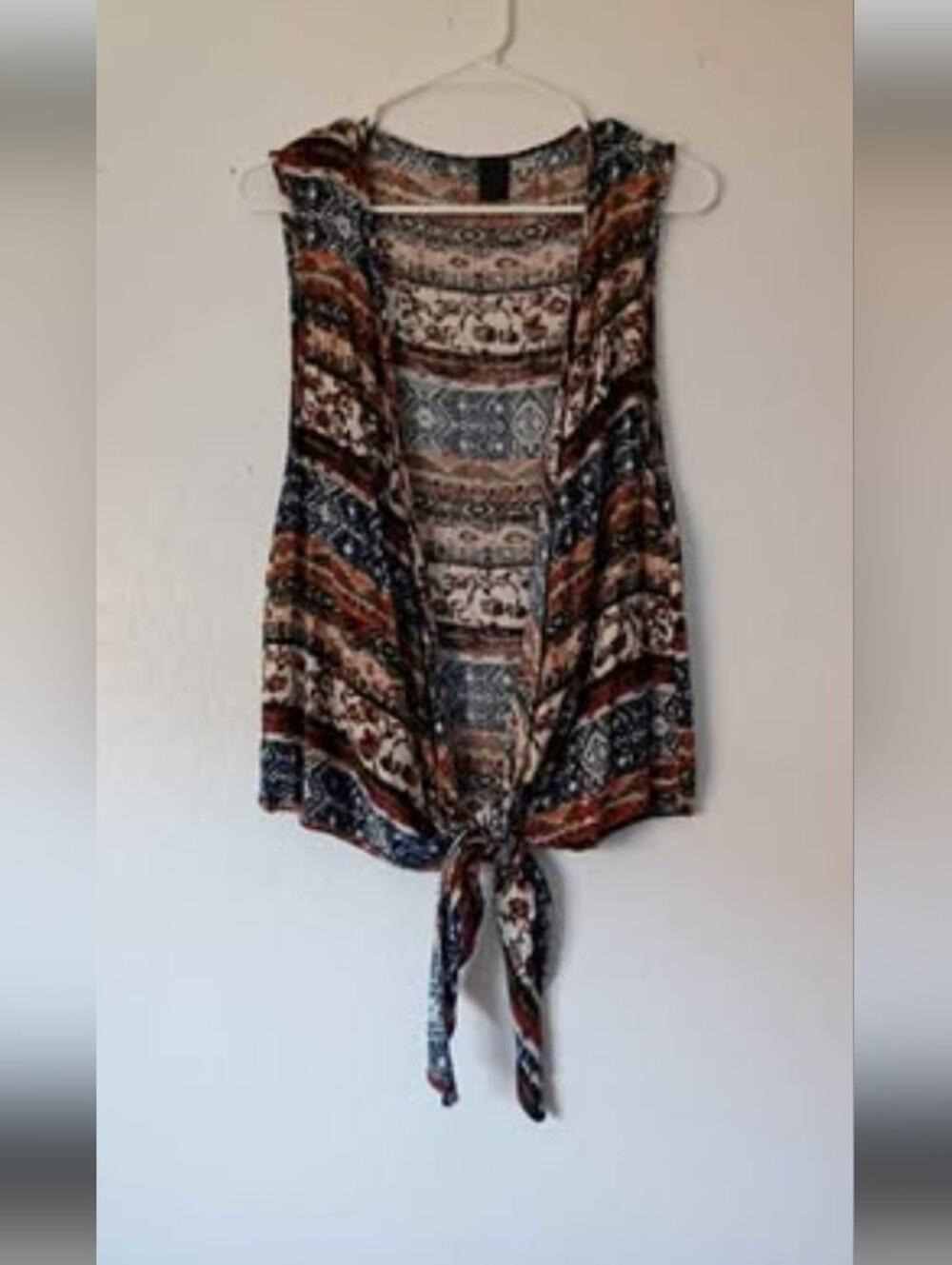 Boho Tie-Front Printed Sleeveless Top - Multi Vest. By: Say Anything